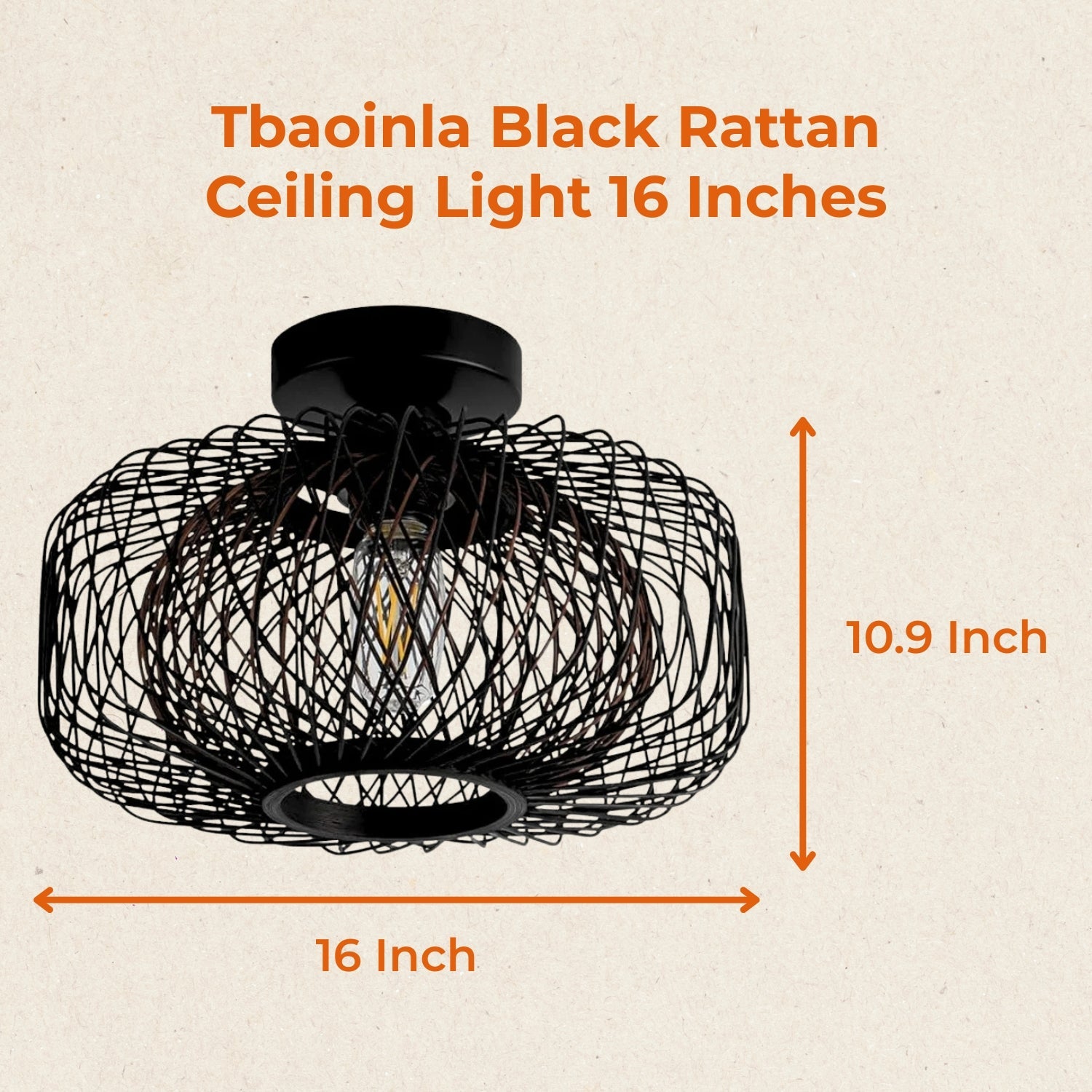 16 Inches Tbaoinla Black Rattan Ceiling Light
