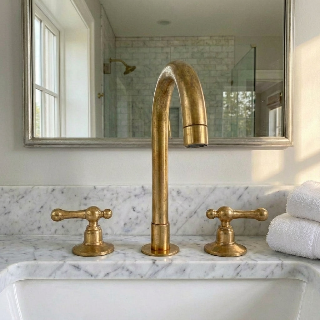 Unlacquered Brass Widespread Vanity Faucet with Lever Handles