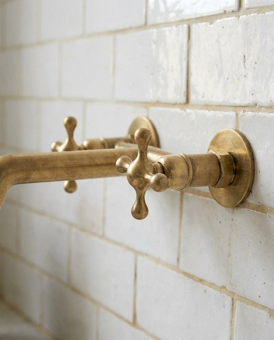 Unlacquered Brass Wall Faucet – Vintage Double-Handle Sink Tap