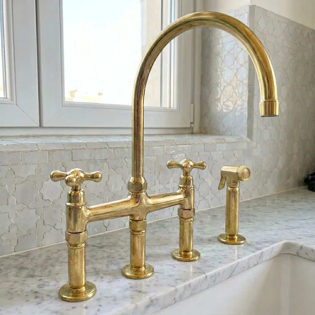Unlacquered Brass Three-Hole Bridge Kitchen Faucet with Side Sprayer