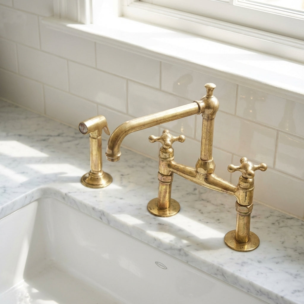 Old-World Unlacquered Brass Bridge Faucet With Traditional Design