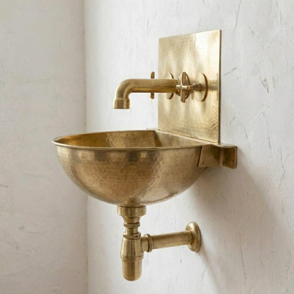 Unlacquered Brass Wall Sink – Hammered Bathroom Basin with Faucet