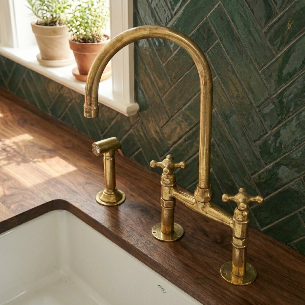 Traditional High-Arc Unlacquered Brass Bridge Kitchen Faucet