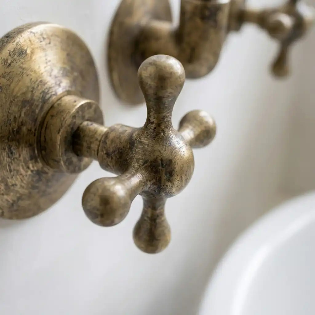 Vintage Antique Brass Wall Mount Faucet – Solid Brass Cross Handle Bathroom Sink Tap