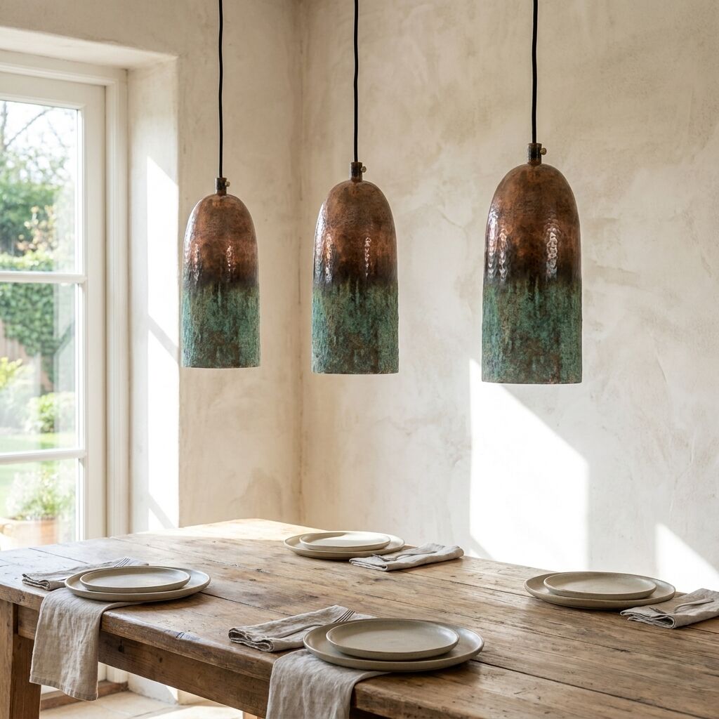 Set of Three Hammered Copper Pendant Lights – Green Patina Farmhouse Lighting