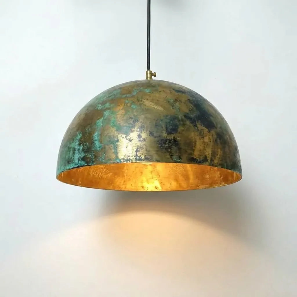 Rustic Brass Pendant Lamp with Green Verdigris Finish – Artisan Ceiling Light