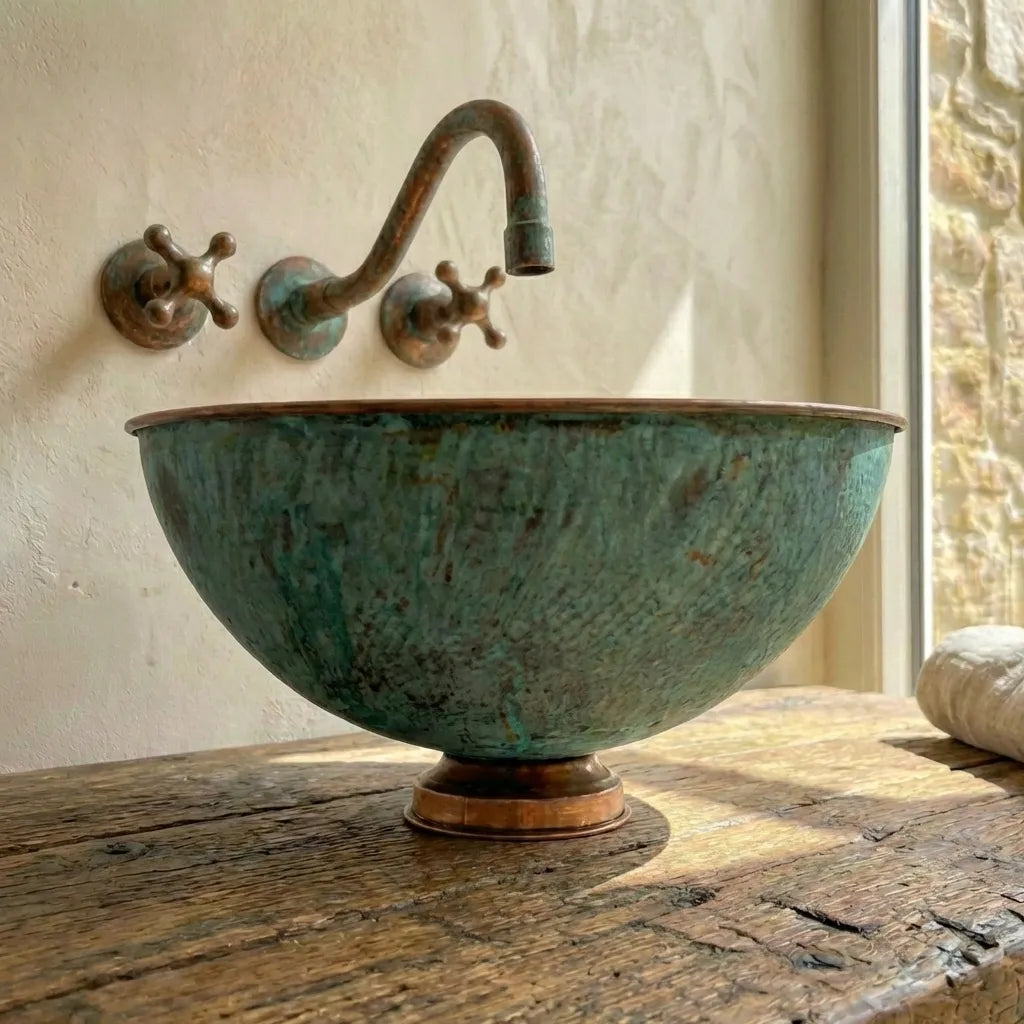 Oxidized Copper vessel sink Bathroom, Green Copper Wash Basin Sink Bathroom