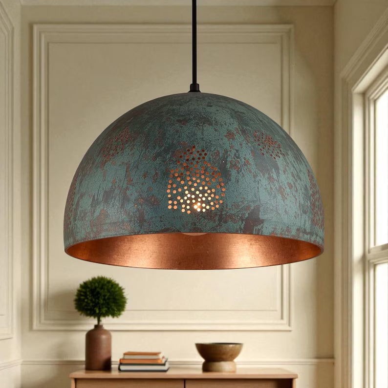 Handmade Oxidized Copper Pendant Light - Green Patina Perforated Dome