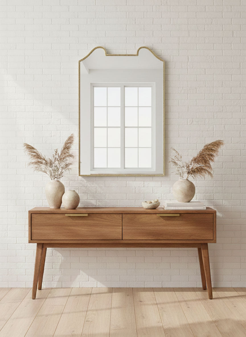 Varaudu Double Arch Crest Brass Mirror - Antique Brass Bathroom Mirror, Vanity Wall Decor
