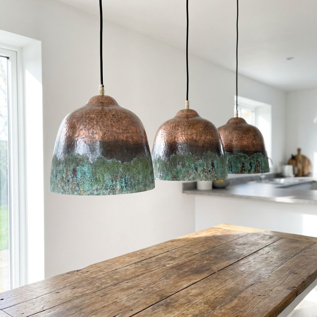 Set of 3 Long Drop Hammered Copper Dome Pendant Lights – Green Patina Rustic Lamps