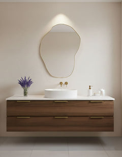 Varaudu Asymmetrical Pebble Brass Mirror Modern Wall Mirror - Antique Brass Bathroom Mirror, Vanity Wall Decor