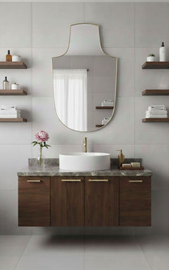 Varaudu Arch Top Shield Bathroom Brass Mirror - Antique Brass Bathroom Mirror, Vanity Wall Decor