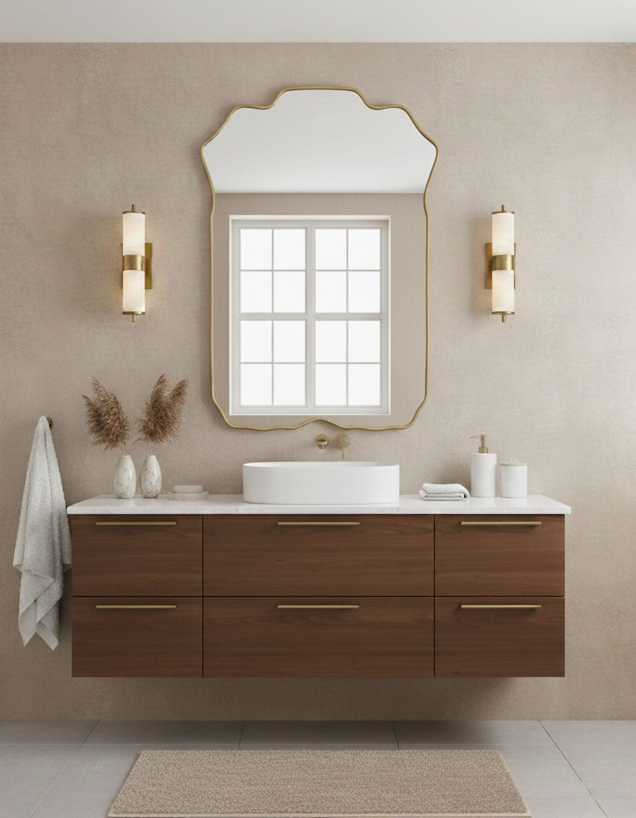 Varaudu Rectangle Brass Mirror Handmade Scalloped Vanity Mirror - Antique Brass Bathroom Mirror, Vanity Wall Decor