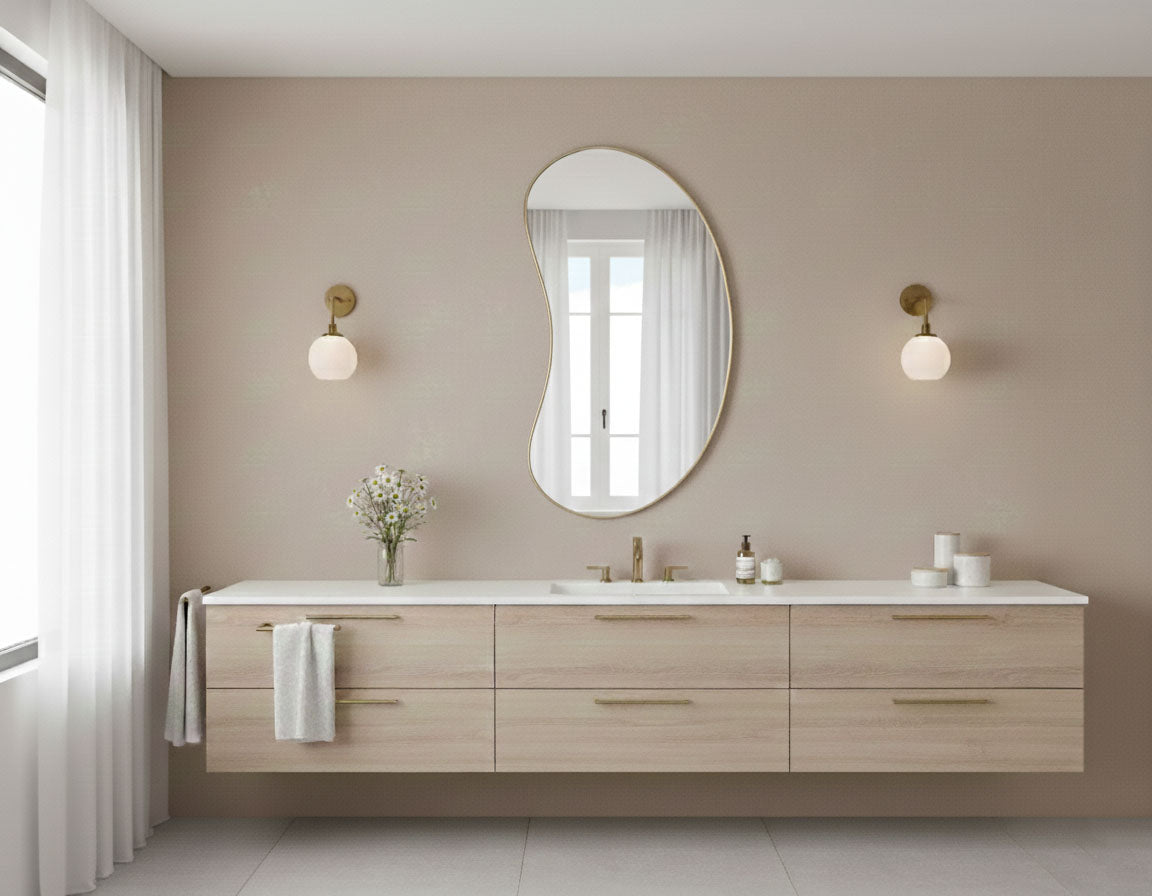 Varaudu Bean Curve Mirror Brass Wall Mirror - Antique Brass Bathroom Mirror, Vanity Wall Decor