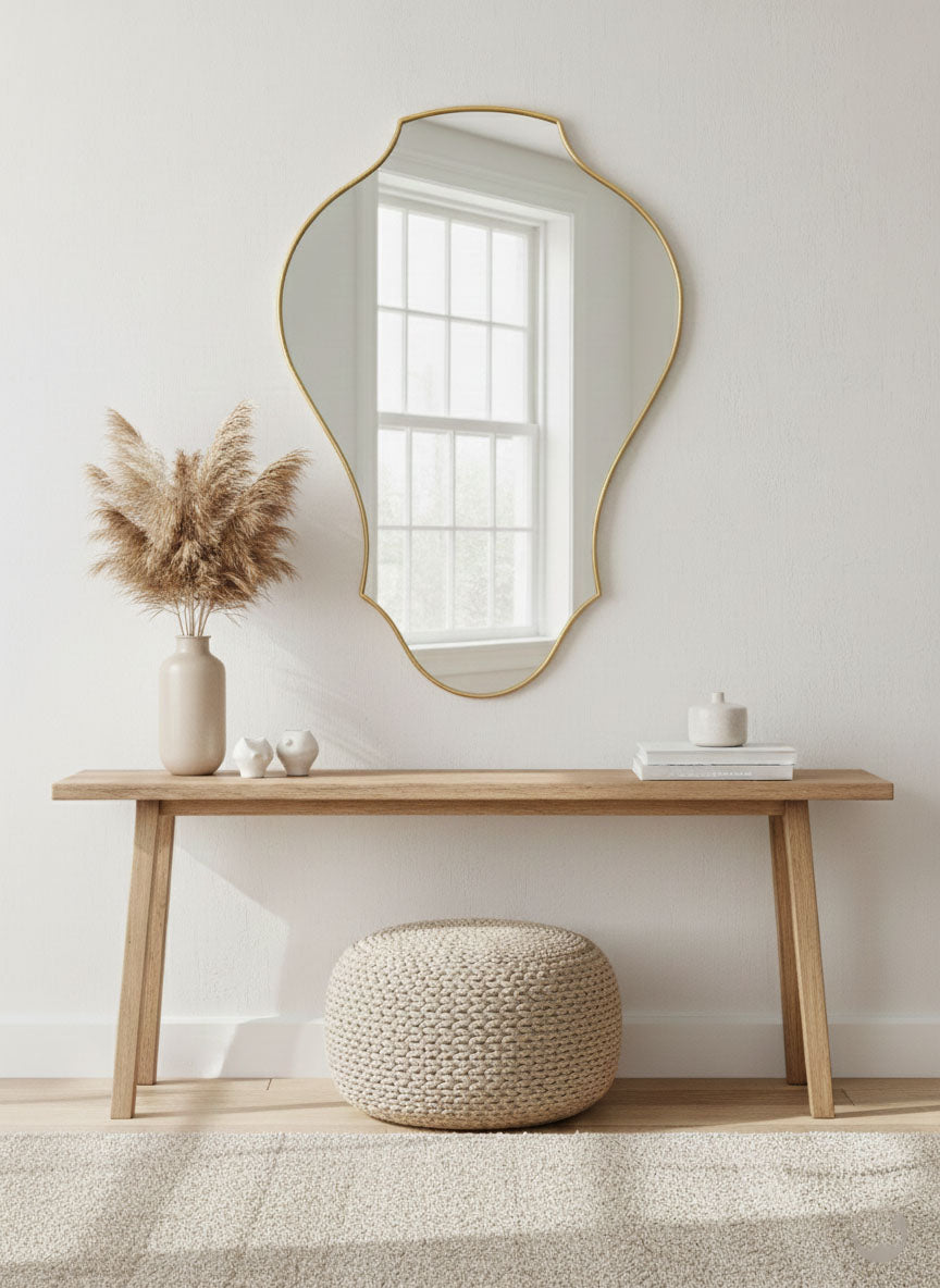 Varaudu Curved Tulip Shield Mirror Unlacquered Brass Mirror - Antique Brass Bathroom Mirror, Vanity Wall Decor