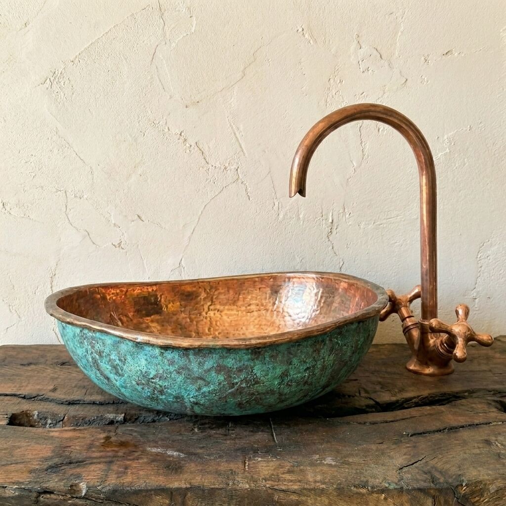 Handmade Hammered Copper Sink – Turquoise Patina Vessel Basin