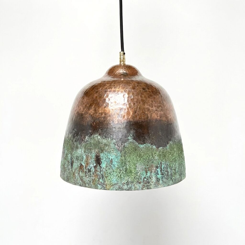 Set of 3 Long Drop Hammered Copper Dome Pendant Lights – Green Patina Rustic Lamps