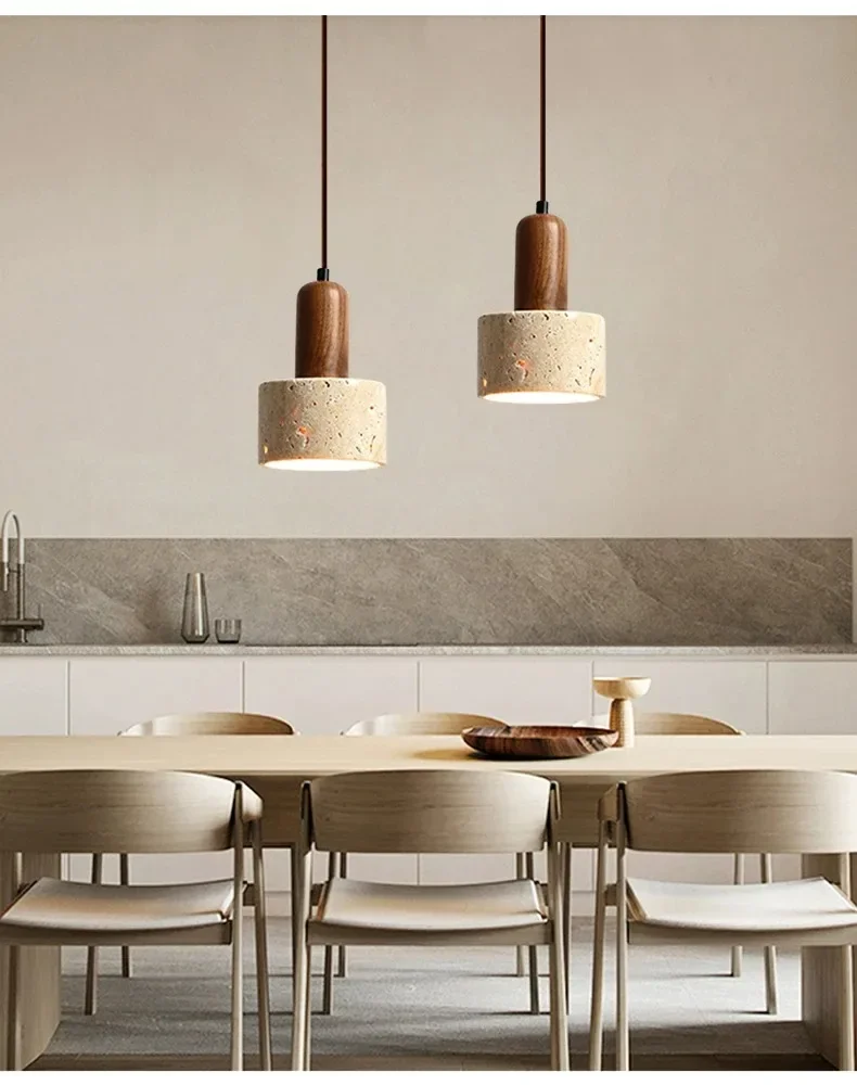 Ora Wabi Sabi Cylinder Travertine Stone and Wood Pendant Light