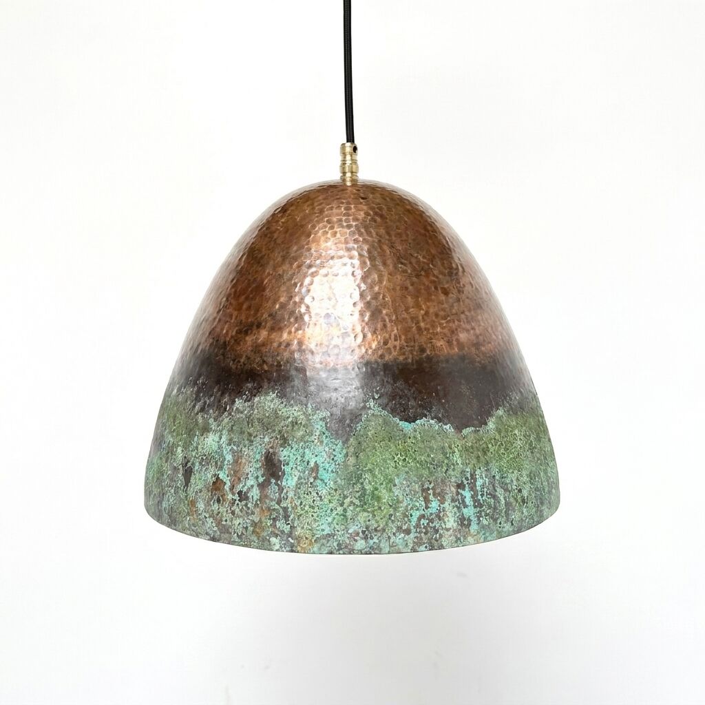 Hammered Copper Dome Pendant Light – Green Patina Long Drop Ceiling Lamp