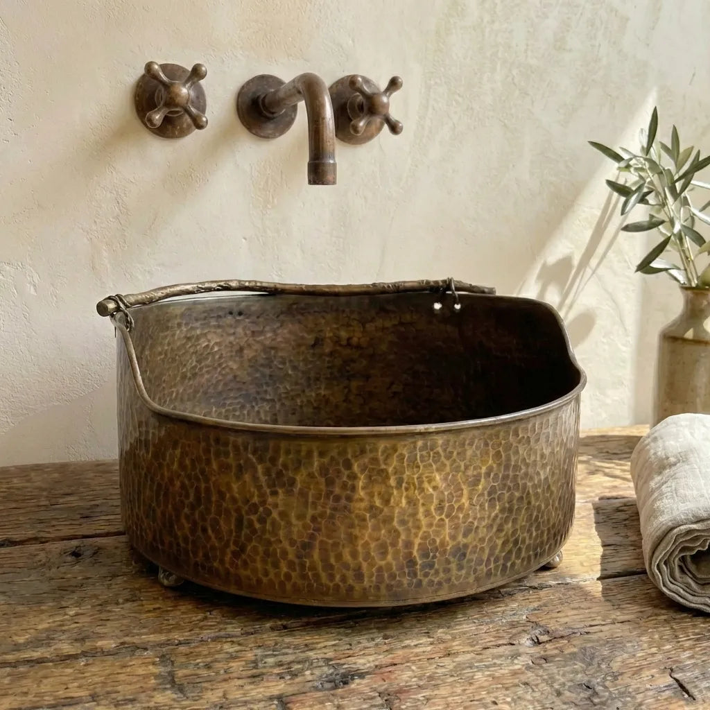 Rustic Brass Hammered Round Bathroom Sink, Aged Brass Vessel sink for bathroom