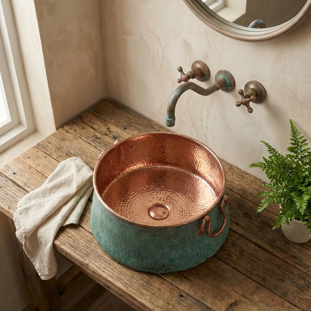 Bucket Vessel Sink Green patina Copper Bathroom Sink with Handles