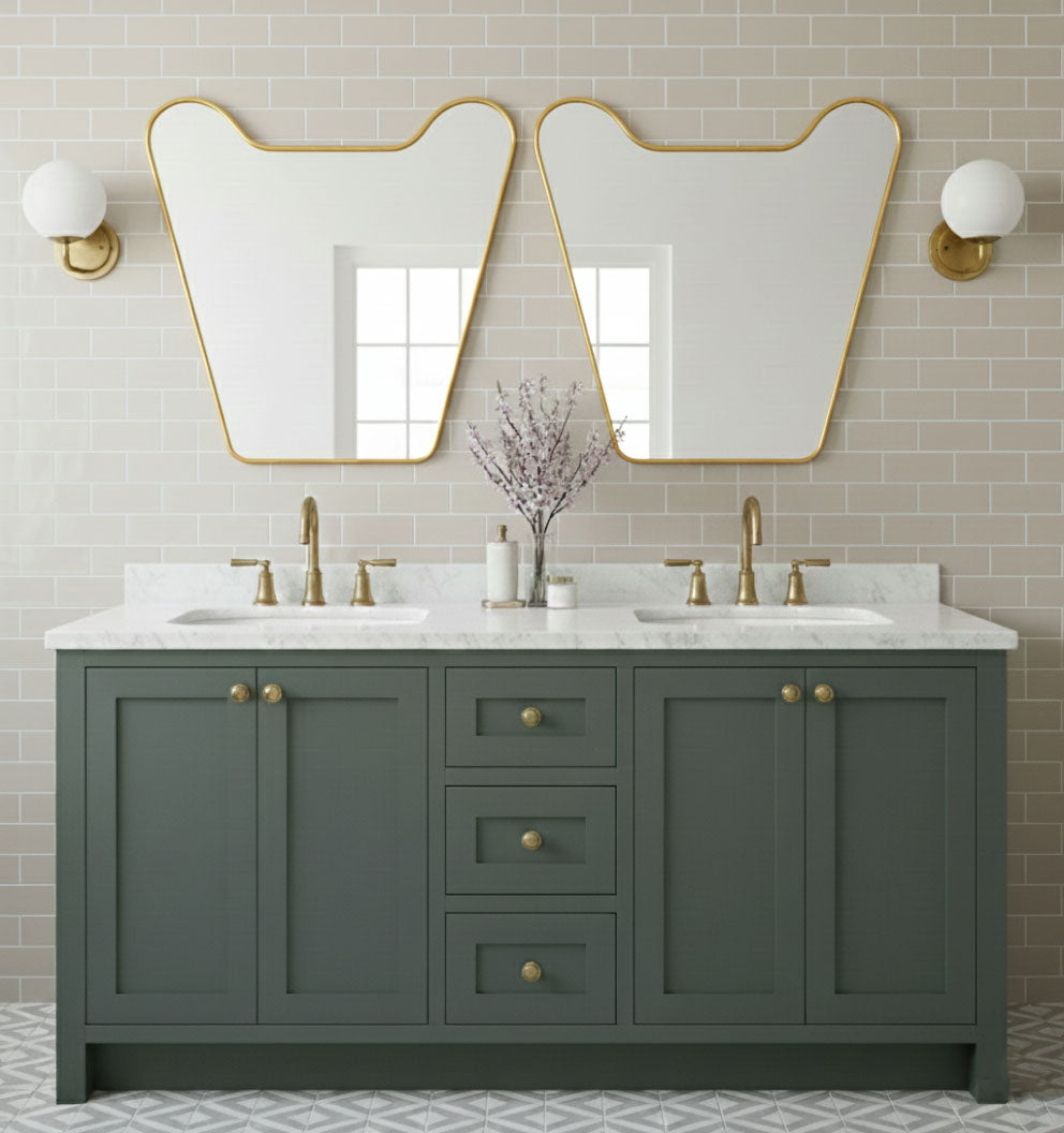 Varaudu Double Curve Crest Gold Handmade Brass Mirror - Antique Brass Bathroom Mirror, Vanity Wall Decor