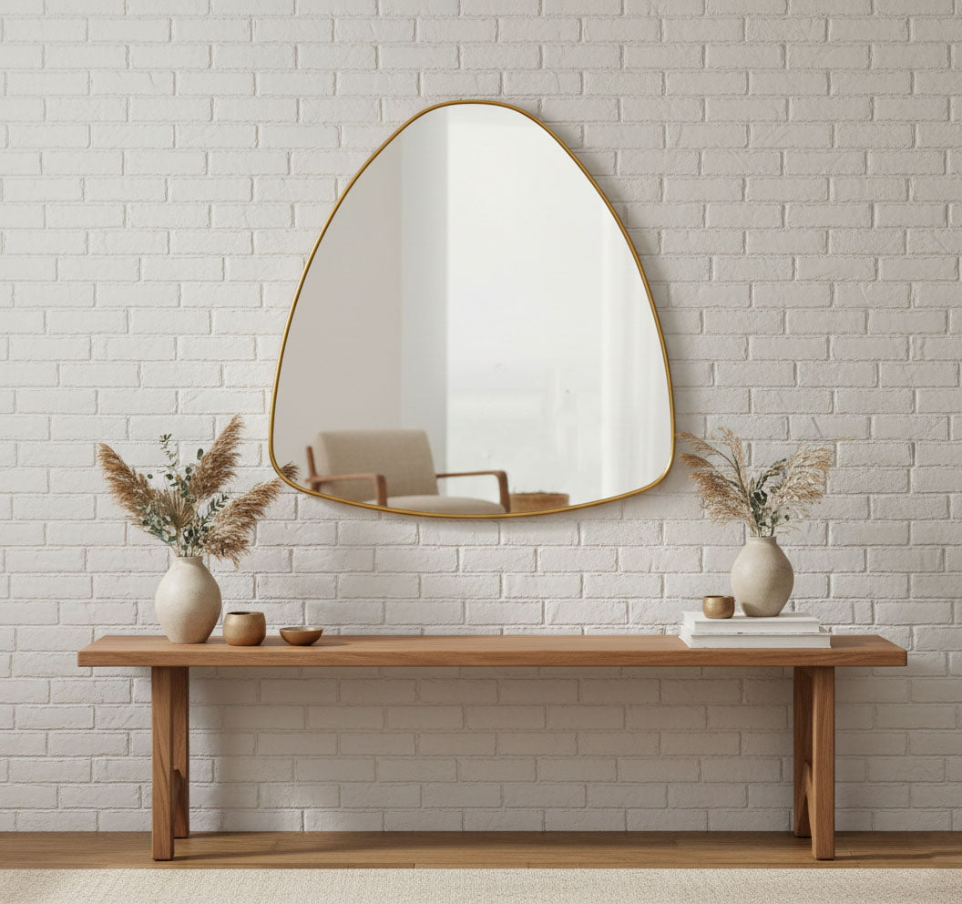 Varaudu Pebble Triangle Brass Mirror Modern Wall Design - Antique Brass Bathroom Mirror, Vanity Wall Decor