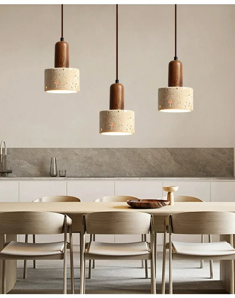 Ora Wabi Sabi Cylinder Travertine Stone and Wood Pendant Light