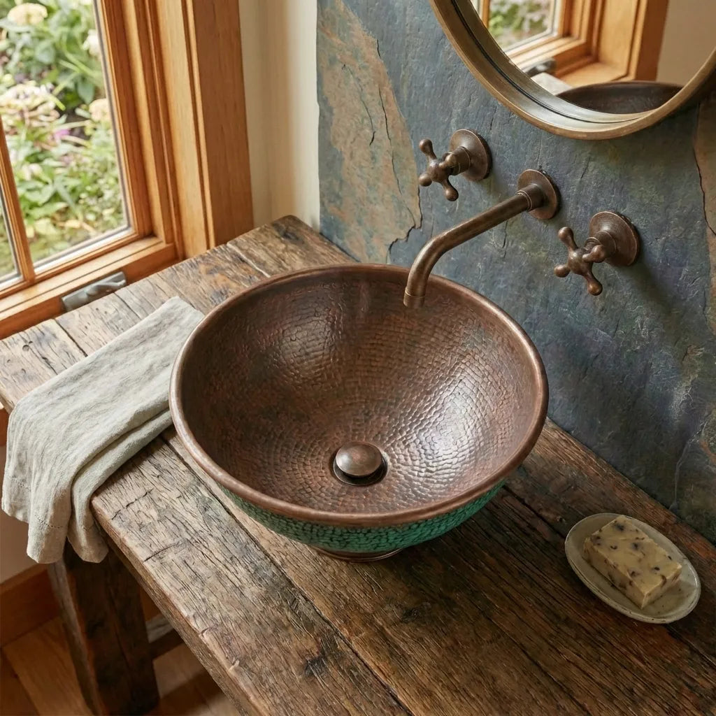 Handcrafted Hammered Copper Sink Vessel, Green Patina Round Countertop Basin