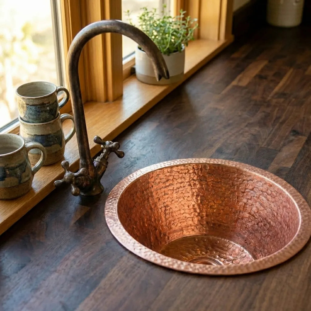 Round kitchen Sink, Hammered Copper Round Drum Bar Sink Including Drain