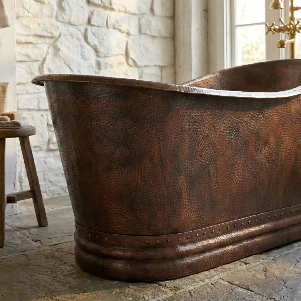 Vintage Hammered Copper Freestanding Bathtub – Rustic Farmhouse Soaking Tub