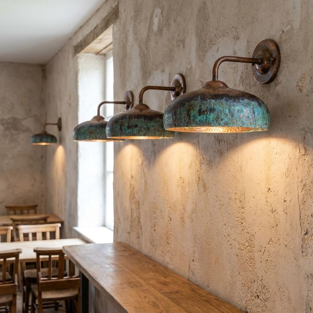 Set of 3 Hammered Copper Wall Lamps – Green Patina Rustic Vintage Lighting