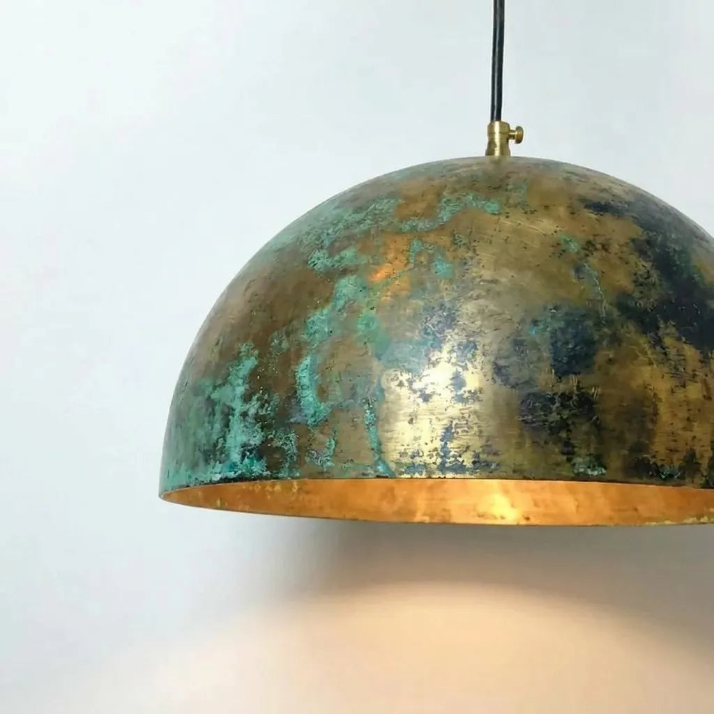 Rustic Brass Pendant Lamp with Green Verdigris Finish – Artisan Ceiling Light