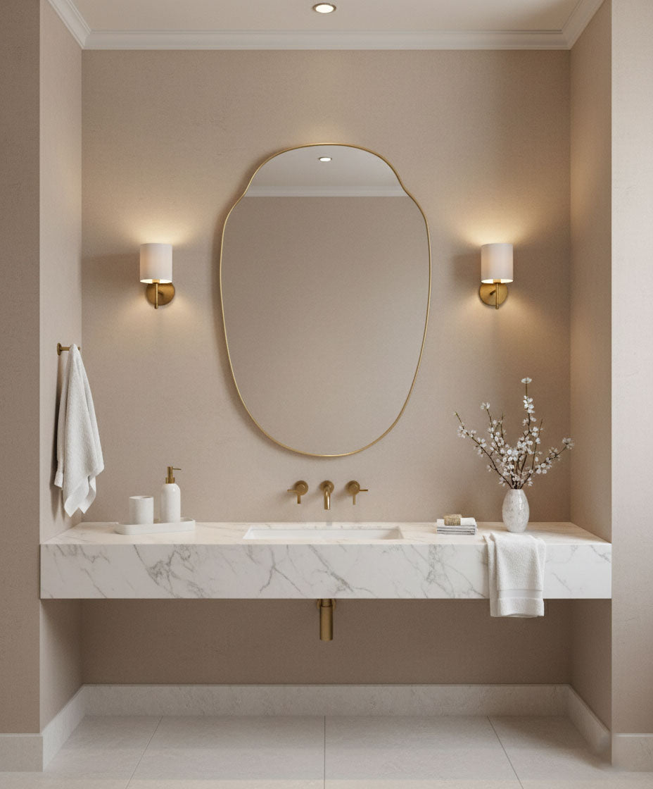 Varaudu Pebble Crest Mirror Modern Brass Wall Decor - Antique Brass Bathroom Mirror, Vanity Wall Decor