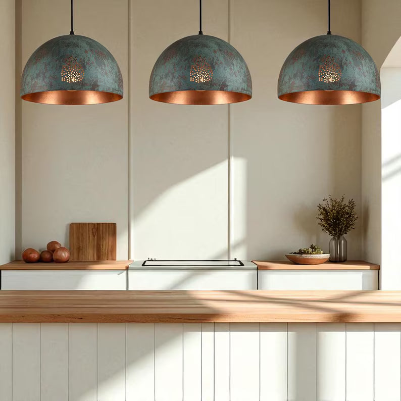 Handmade Oxidized Copper Pendant Light - Green Patina Perforated Dome
