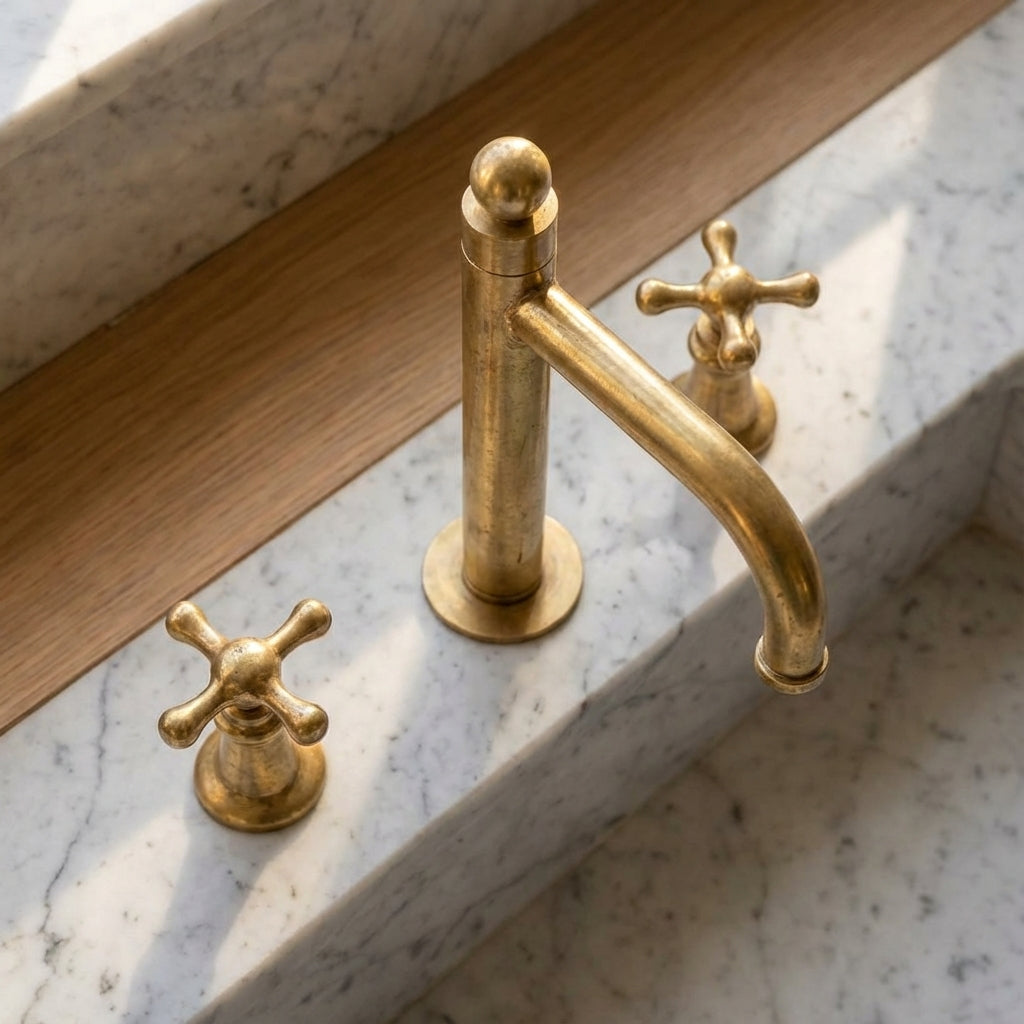 Unlacquered Brass Widespread Faucet – Classic Cross-Handle Bathroom Tap