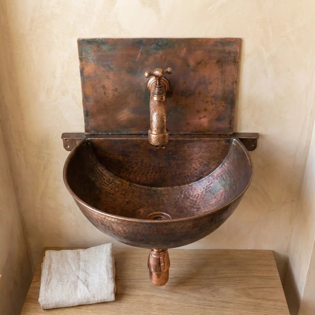 Copper Wall Mounted Sink Bathroom, Rustic Vessel Copper Sink Bathroom