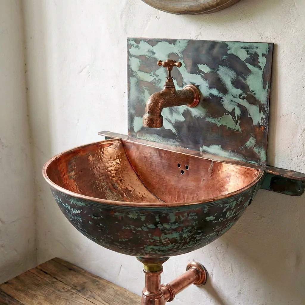 Oxized Copper Wall Hung Sink Bathroom With BackPlate