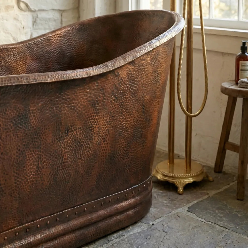Vintage Hammered Copper Freestanding Bathtub – Rustic Farmhouse Soaking Tub
