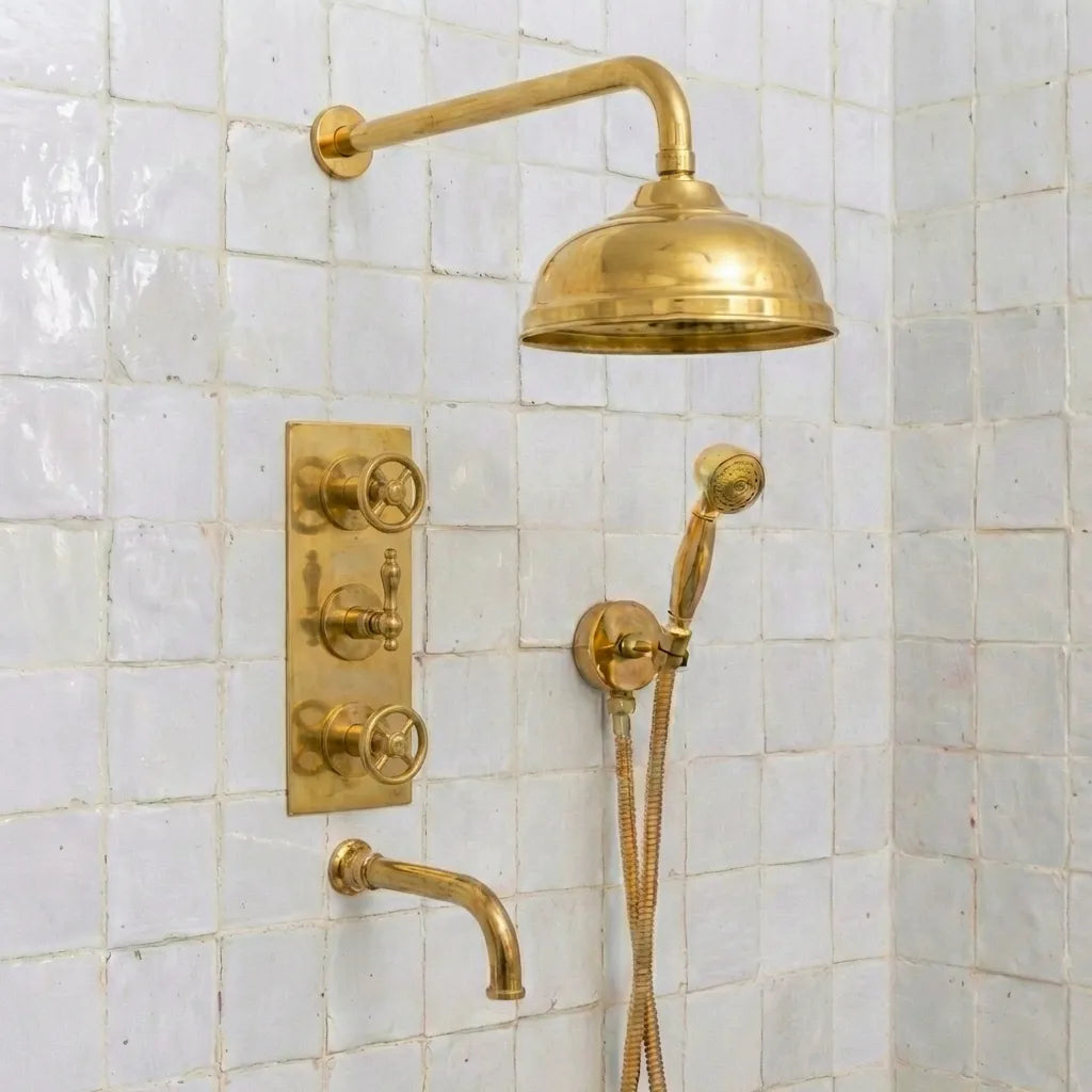 Heritage Unlacquered Brass Wall-Mount Shower System with Rain Head & Handheld