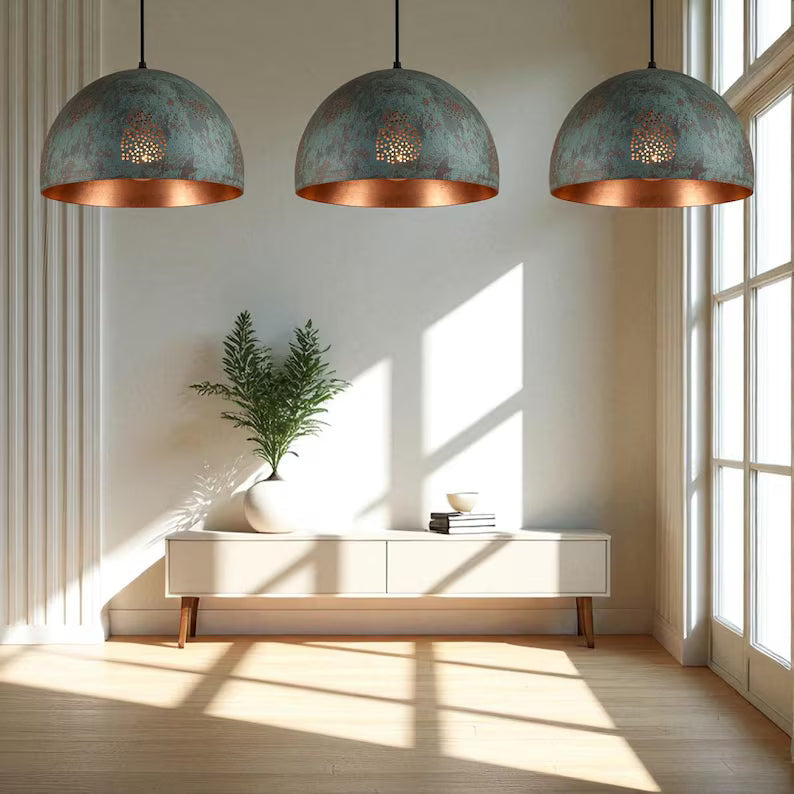 Handmade Oxidized Copper Pendant Light - Green Patina Perforated Dome