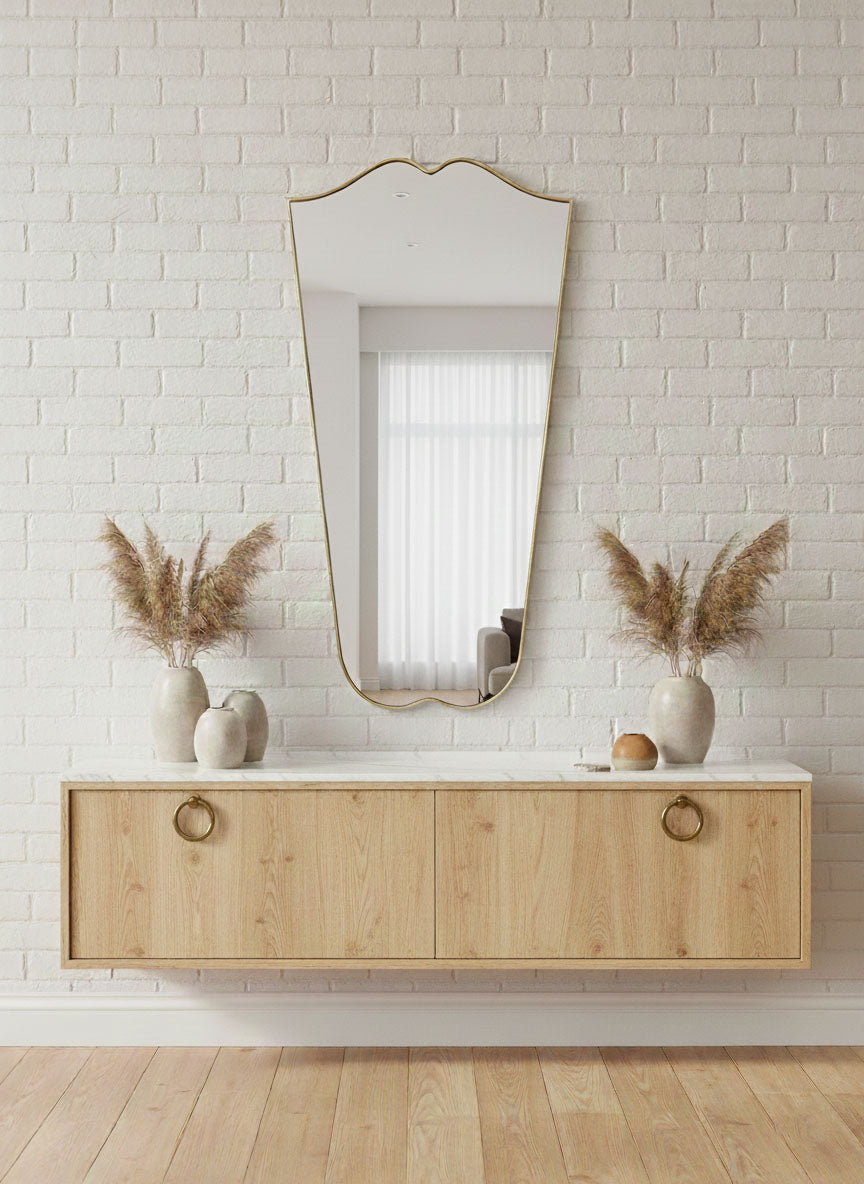 Varaudu Wave Crest Mirror Handmade Brass Mirror - Antique Brass Bathroom Mirror, Vanity Wall Decor