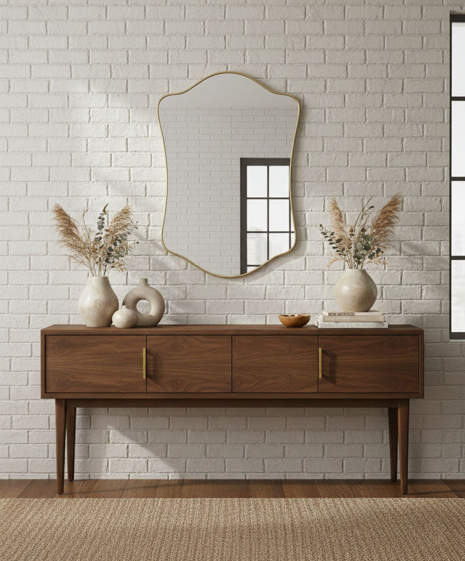 Varaudu Wavy Shield Mirror Handmade Brass Mirror - Antique Brass Bathroom Mirror, Vanity Wall Decor