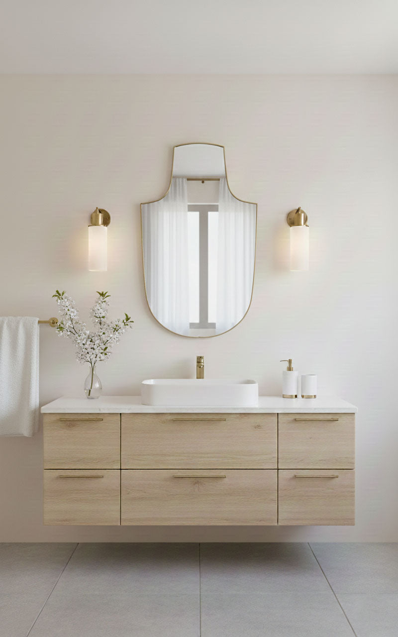 Varaudu Arch Top Shield Bathroom Brass Mirror - Antique Brass Bathroom Mirror, Vanity Wall Decor