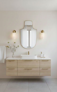 Varaudu Arch Top Shield Bathroom Brass Mirror - Antique Brass Bathroom Mirror, Vanity Wall Decor
