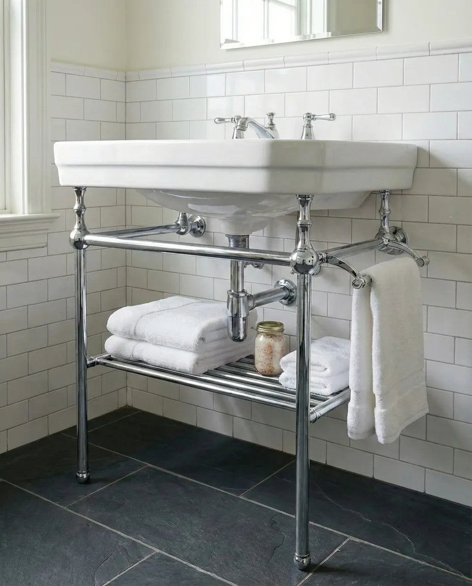 Chrome Console Sink with Integrated Towel Rail and Storage Shelf