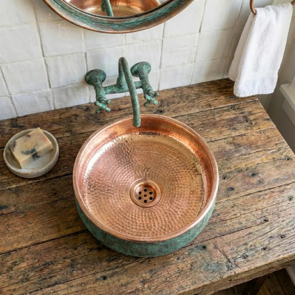Hammered Copper Vessel Sink – Oxidized Verdigris Bathroom Basin