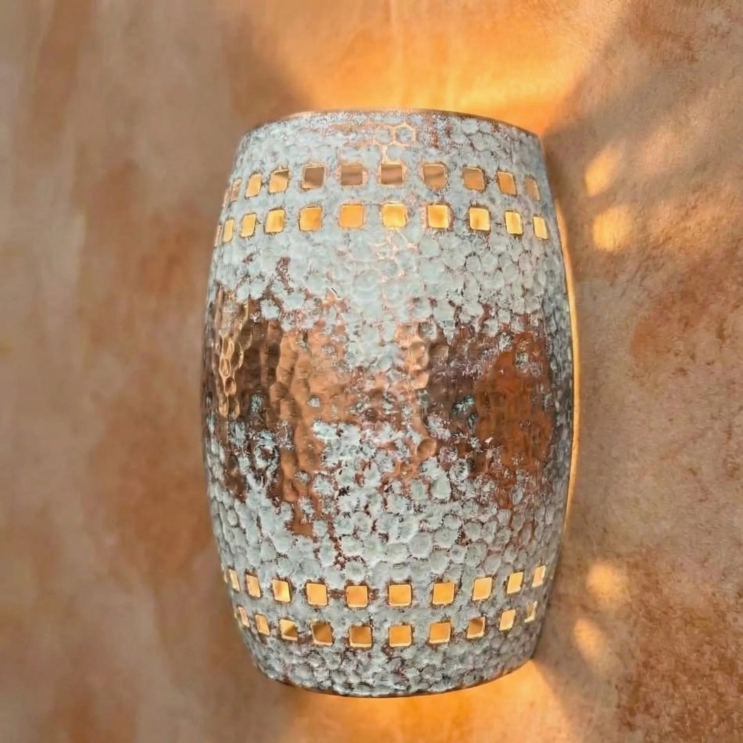 Hammered Copper Wall Sconce – White Patina Square Cutout Shade