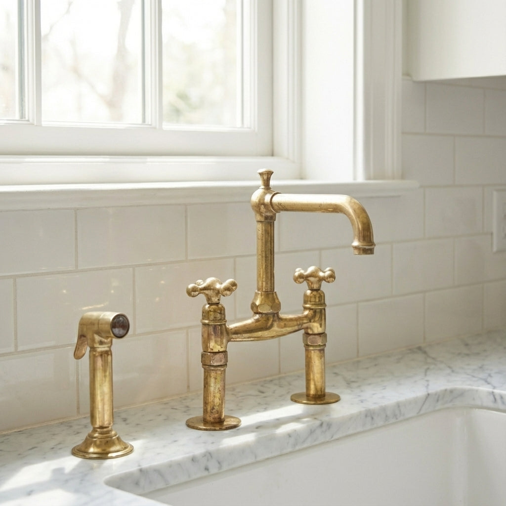Old-World Unlacquered Brass Bridge Faucet With Traditional Design