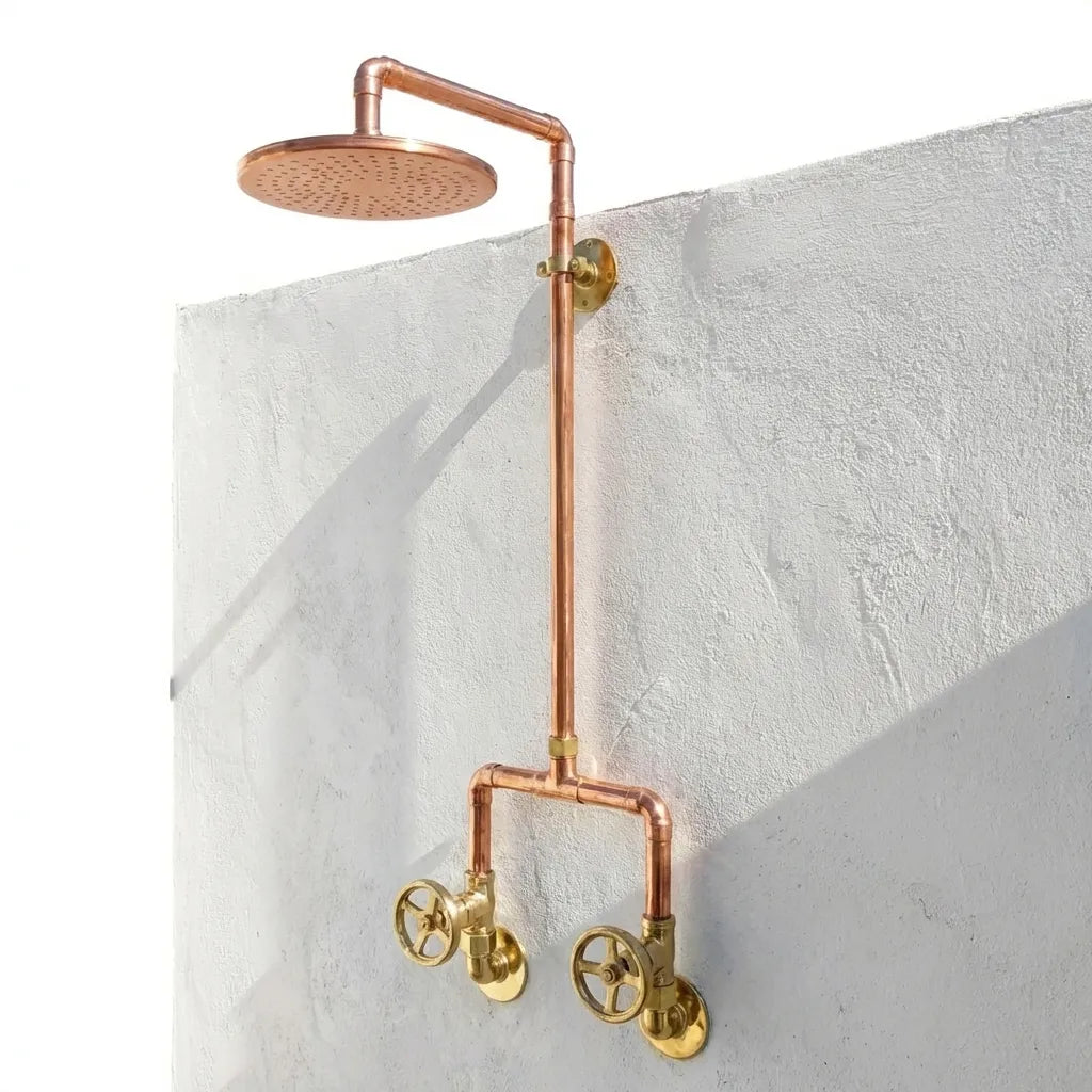 Handcrafted Copper Rainfall Outdoor Shower System with Dual Handle Valves – Wall Mounted Rustic Luxury Garden Shower Fixture